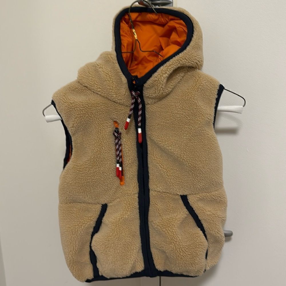 Kids Unisex Fleece Down Vest with Hood in Tan with Orange Lining. Size 8.